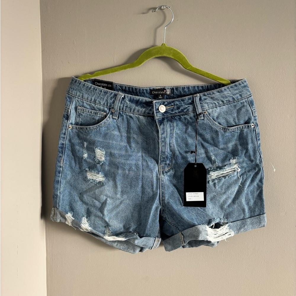 Chocolate Light Blue Distressed Jean Shorts